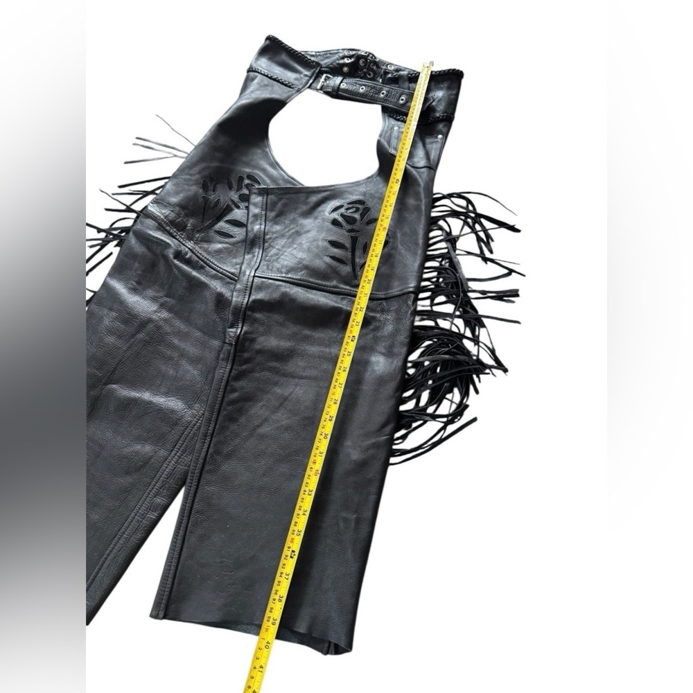 Vintage Chicago Blues Leather Fringe Motorcycle Biker Chaps Women’s XL Black - Picture 6 of 9